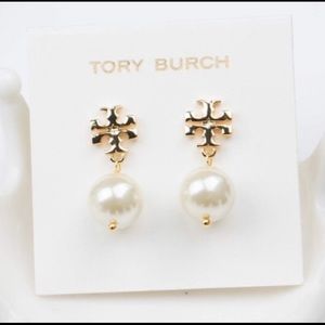 Tory Burch White Pearl Gold T Logo Dangle Earrings